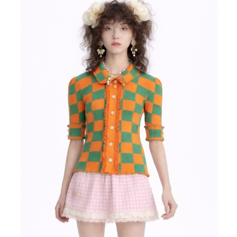 Motoguo Orange Green Checkered Ribbed‎ Knit Ruffle Cardigan Pearl Buttons Small